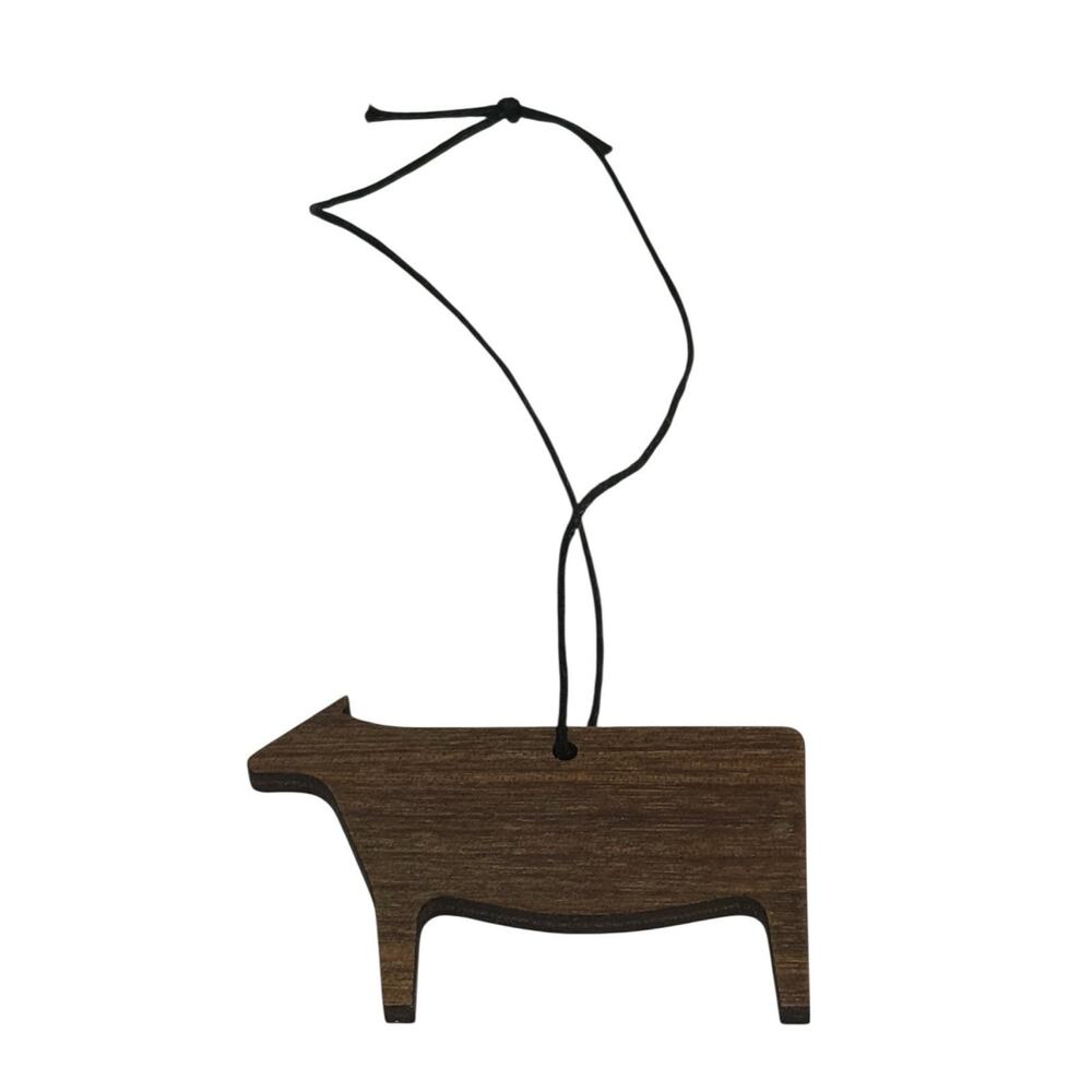 Cow Figure XMAS 2 1/4” Ornament Gift Tag Handmade Brown Walnut Wood Black Hanger